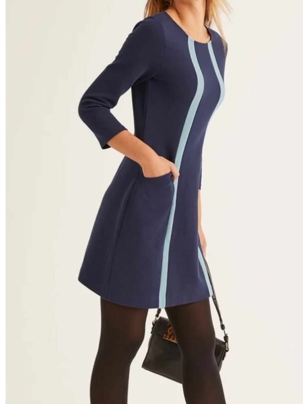 Boden Navy Mini Dress with Light Blue Vertical Stripes